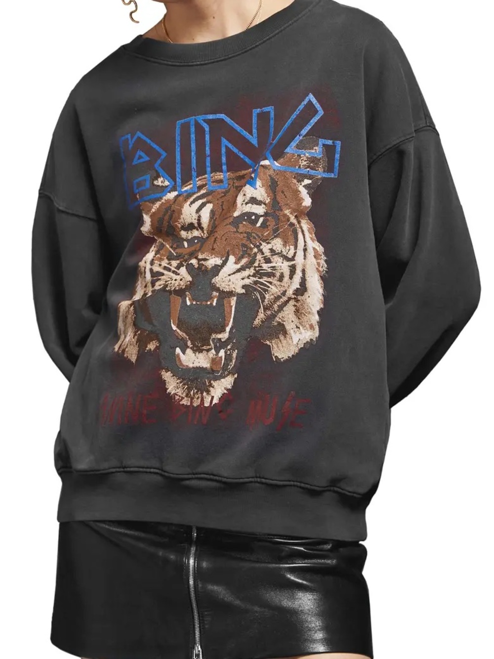 Anine Bing Faded Black Crewneck Sweatshirt with Tiger Graphic Size Large